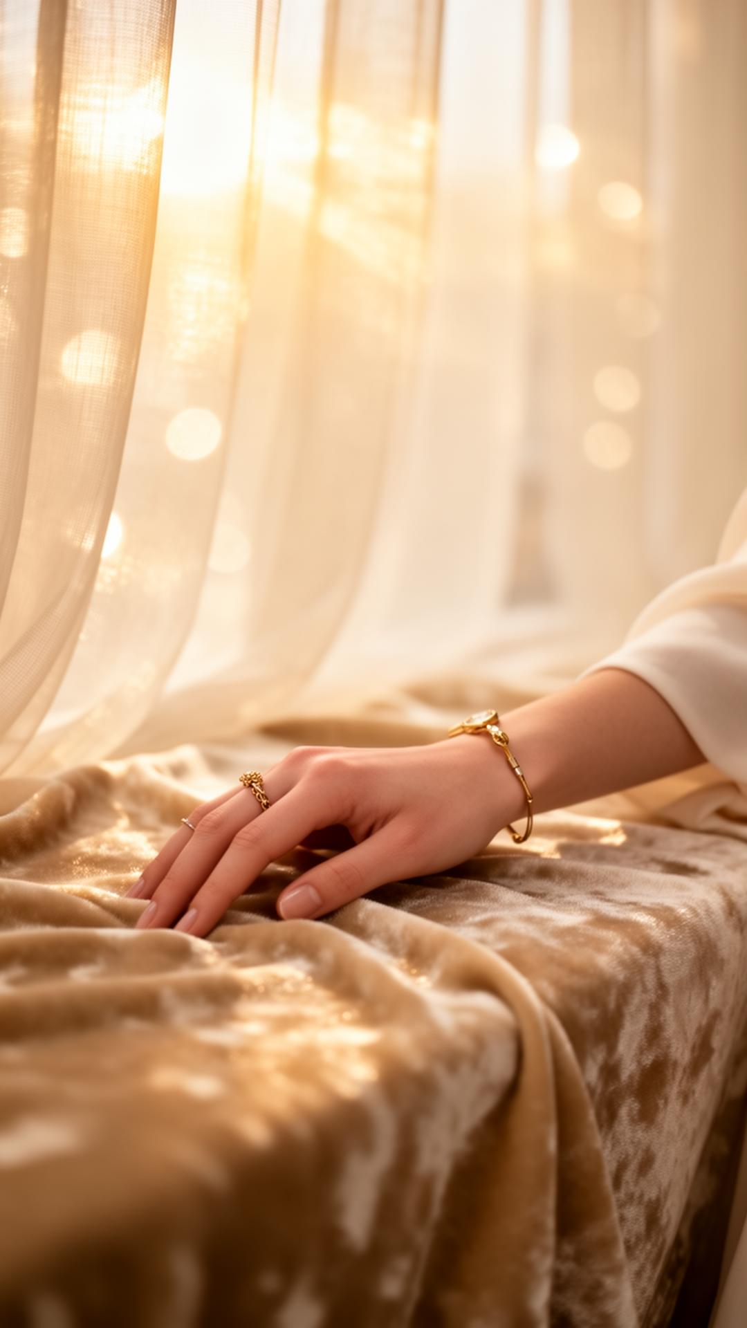 Soft golden light through sheer curtains